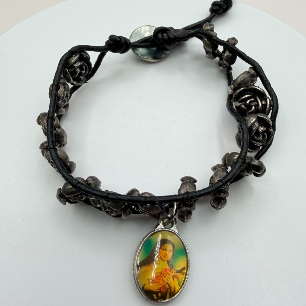 Vintage 90s Religious Saint Therese‎ Charm Bracelet Black Leather Rose Beads